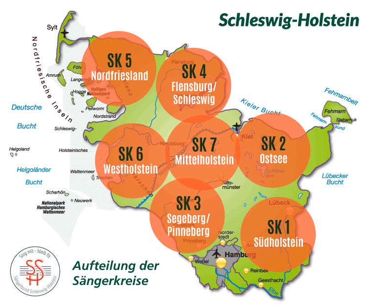Karte Schleswig-Holstein mit den 7 Sängerkreisen